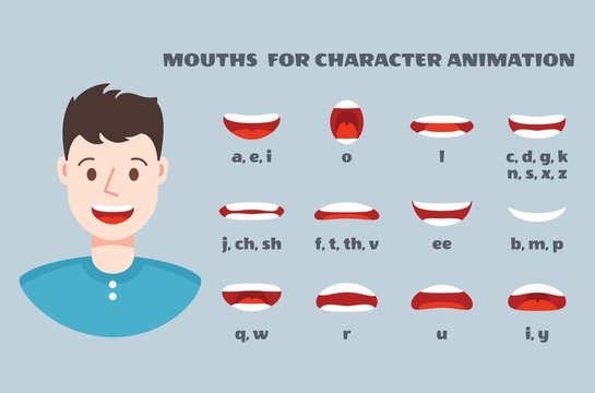 Mouth Sync. Male Face With Lips Talking Expression Set. Articulation And Smile, Speaking Mouths Animation Vector Isolated Collection