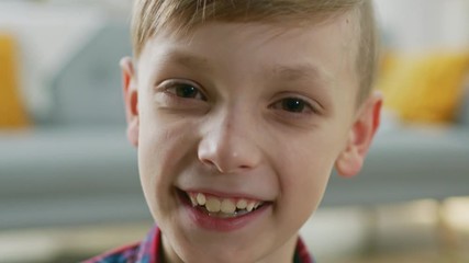 Portrait of Adorable Happy Young Boy Smiling on Camera. In the Background Blurred Sunny Room.