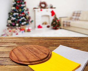 pizza desk and yellow,grow napkins on table on blurred holiday interior, new year and christmas concept, tablecloths