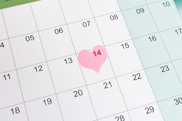 Calendar with heart decoration. St Valentine's day. Holiday concept.