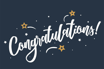 Congratulations lettering card, banner. Beautiful greeting scratched calligraphy white text word stars. Hand drawn invitation print design. Handwritten modern brush blue background isolated vector