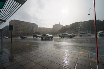 Tropical rain in the city.