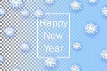 Snowflakes on transparent background. Happy New Year 2019. Christmas banner with snowflake. Vector illustration with falling snow.