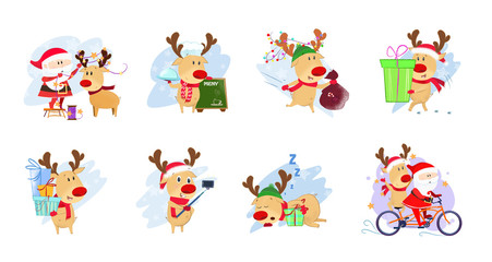 Bright cute set illustration with Santa and deer. Funny cartoon Santa and deer in different poses. Can be used for topics like Christmas, winter, festivals, Happy New Year