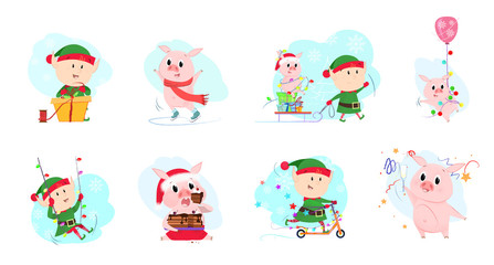 Fototapeta premium Bright elves and piglets set illustration. Elves and piglets in different poses. Can be used for topics like Christmas, winter, festivals, Happy New Year