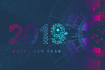 Computer motherboard vector background with circuit board electronic elements. Text design Christmas and Happy new year 2019. Electronic texture for computer technology, engineering concept 2019