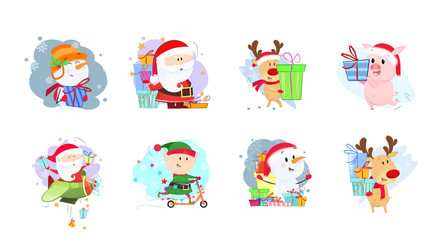 Cartoon company with gifts set illustration. Santa, elf, piglet and deer in different poses. Can be used for topics like Christmas, winter, festivals, Happy New Year