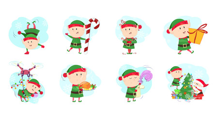 Christmas elves set illustration. Elves in different poses, emotions. Can be used for topics like Christmas, winter, festivals