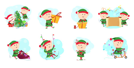Colorful set illustration of Christmas elves. Elves in green costume in different poses. Can be used for topics like Christmas, winter, festivals, Happy New Year