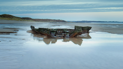 The wreck of the cargo ship Hanseat on Warkworth Beach. Northumberland. England. UK