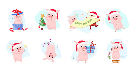Colorful set illustration with piglets. Funny cartoon piglets in different poses. Can be used for topics like Christmas, winter, festivals, Happy New Year