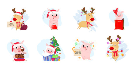 Fototapeta premium Deer and piglets set illustration. Deer and piggies in different poses. Can be used for topics like Christmas, winter, festivals, Happy New Year