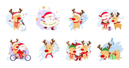 Deer and Santa Claus set illustration. Deer and Santa in different poses. Can be used for topics like Christmas, winter, festivals, Happy New Year