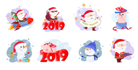 Fototapeta premium Santa and piglets with dates set illustration. Santa Claus, snowmen and piglets with dates in different poses. Can be used for topics like Christmas, winter, festivals, Happy New Year