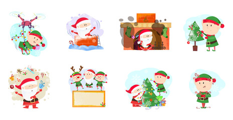 Santa Claus and elves set illustration. Santa Clauses and elves in different poses. Can be used for topics like Christmas, winter, festivals, Happy New Year