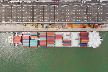 Fototapeta na wymiar Flying above colorful pattern of Logistics and transportation in Laem Chabang International Terminal thailand / Aerial view of Container Cargo ship - Commercial port and Cargo import/export