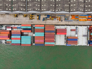 Flying above colorful pattern of Logistics and transportation in Laem Chabang International Terminal thailand / Aerial view of Container Cargo ship - Commercial port and Cargo import/export