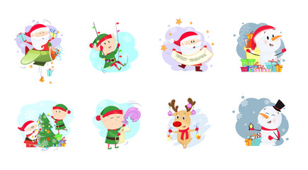 Set illustration with cartoon deer and Santa Claus. Bright cartoon Christmas characters in different poses. Christmas, winter, festivals, Happy New Year 