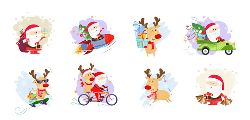 Set illustration with cartoon characters. Funny Santa Claus and deer in different poses. Can be used for topics like Christmas, winter, festivals, Happy New Year