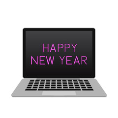 Happy New Year on laptop screen. Holidays vector illustration. Bright hot pink neon sign on monitor of portable computer. Desktop wallpapers.