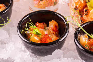 Caviar salmon and whale in fish  to snack on ice
