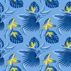 Fototapeta na wymiar seamless pattern of tropical blue palm leaves, monstera leaves and coral flowers of the bird of paradise (Strelitzia) plumeria on a light blue background. Wallpaper trend design.