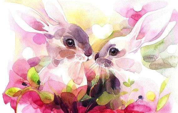 Hand painted watercolor. The couple of rabbits in romantic settings