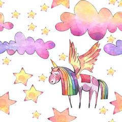 Fototapeta na wymiar Watercolor illustration. Seamless pattern with bright rainbow clouds, unicorns and stars.