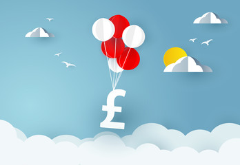 Balloon carries pound money sign. Paper art