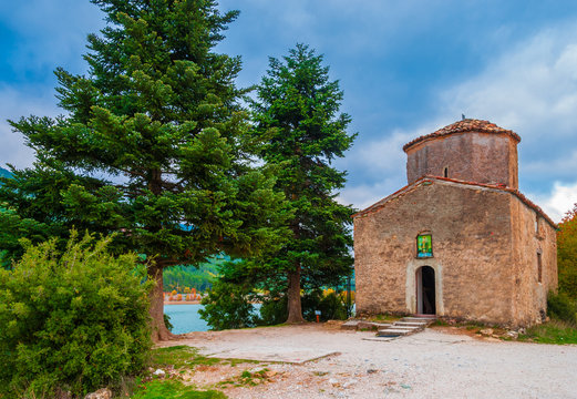 Church of Saint Fanourios in the heart of Doxa lake in Peloponnese, Greece