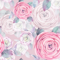 Hand painted watercolor. Watercolor seamless pattern. Roses mixed background. Romantic wallpaper.