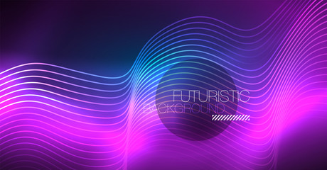 Glowing abstract wave on dark, shiny motion, Christmas and New Year magic space light. Techno abstract background
