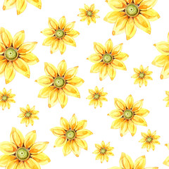 Watercolor illustration seamless pattern. Bright sunflowers background.