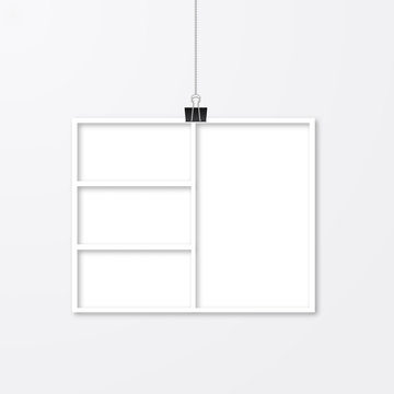 Realistic isolated white paper photo frame hanging with binder clips. Template collage vector illustration. Mock up for photographers.