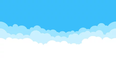 Foto op Aluminium Blauwe lucht met witte wolken achtergrond. Rand van wolken. Eenvoudig cartoonontwerp. Vlakke stijl vectorillustratie. © Ihor