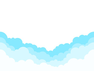 Blue sky with white clouds background. Border of clouds. Simple cartoon design. Flat style vector illustration.