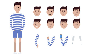 Male boy man character in striped sweater and shorts creation constructor set. Different emotions, gestures, isolated against white background. Cartoon flat-style infographic illustration design.
