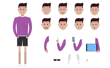 Male boy man character in sweater and shorts creation constructor set. Different views, emotions, gestures, isolated against white background. Cartoon flat-style infographic illustration design.