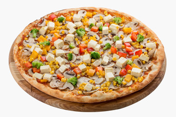 Pizza with tofu, champignons, corn and olives. Vegetarian dish. On white background