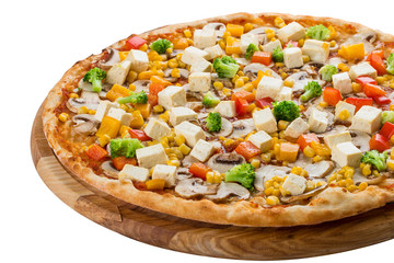 Pizza with tofu, champignons, corn and olives. Vegetarian dish. On white background