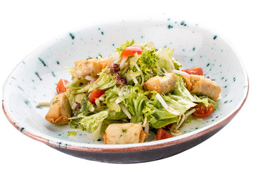 Rolls with tofu cheese on leaves salad with cherry tomatoes. Vegetarian dish. On white background