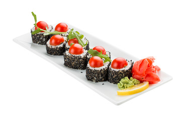 Sushi roll with tomatoes and arugula. Vegetarian dish. On white background.