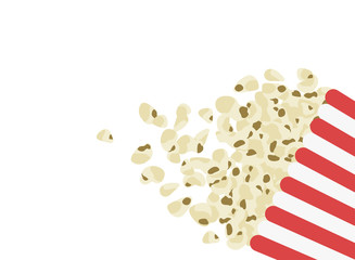 Box with popcorn isolated on white background. Crumbling scattering and floating in the air or on the floor. Simple flat style realistic vector illustration.
