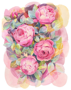 Hand painted watercolor bouquet with roses. Art illustration.