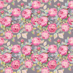Seamless pattern with colorful roses. Romantic wallpaper. Hand painted watercolor botanical illustration.