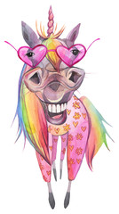 Funny rainbow colorful unicorn in sunglasses. Hand painted watercolor illustration