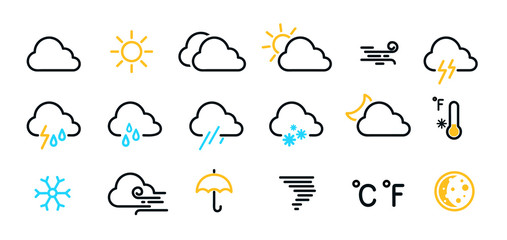 Weather icons set isolated on a white background. Clouds logo and sign collection. Black, blue and yellow colors. Simple modern design. Flat style vector illustration.