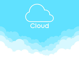 Cloud logo isolated on a blue background. Thin line logo or icon. Border of clouds. Simple modern cartoon design. Flat style vector illustration.