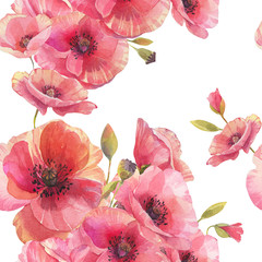 Seamless pattern with poppy. Hand drawn watercolor wallpaper. 