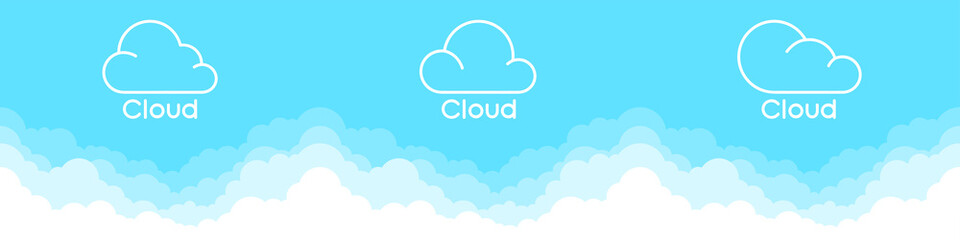 Clouds logo set isolated on a blue background. Thin line logo or icon. Border of clouds. Simple modern cartoon design. Flat style vector illustration.
